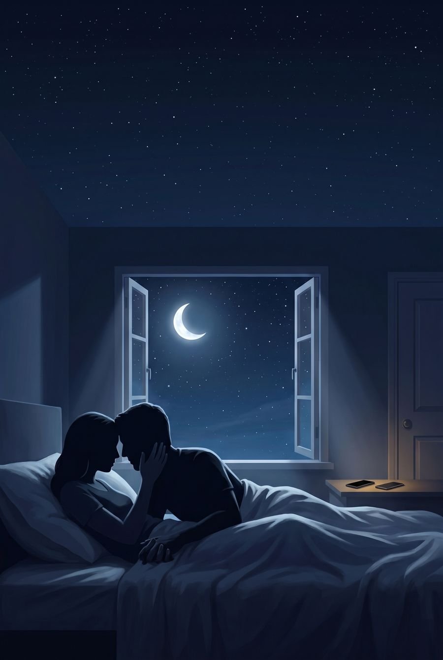 La nuit, un couple face à face dans le lit, les téléphones posés au loin.