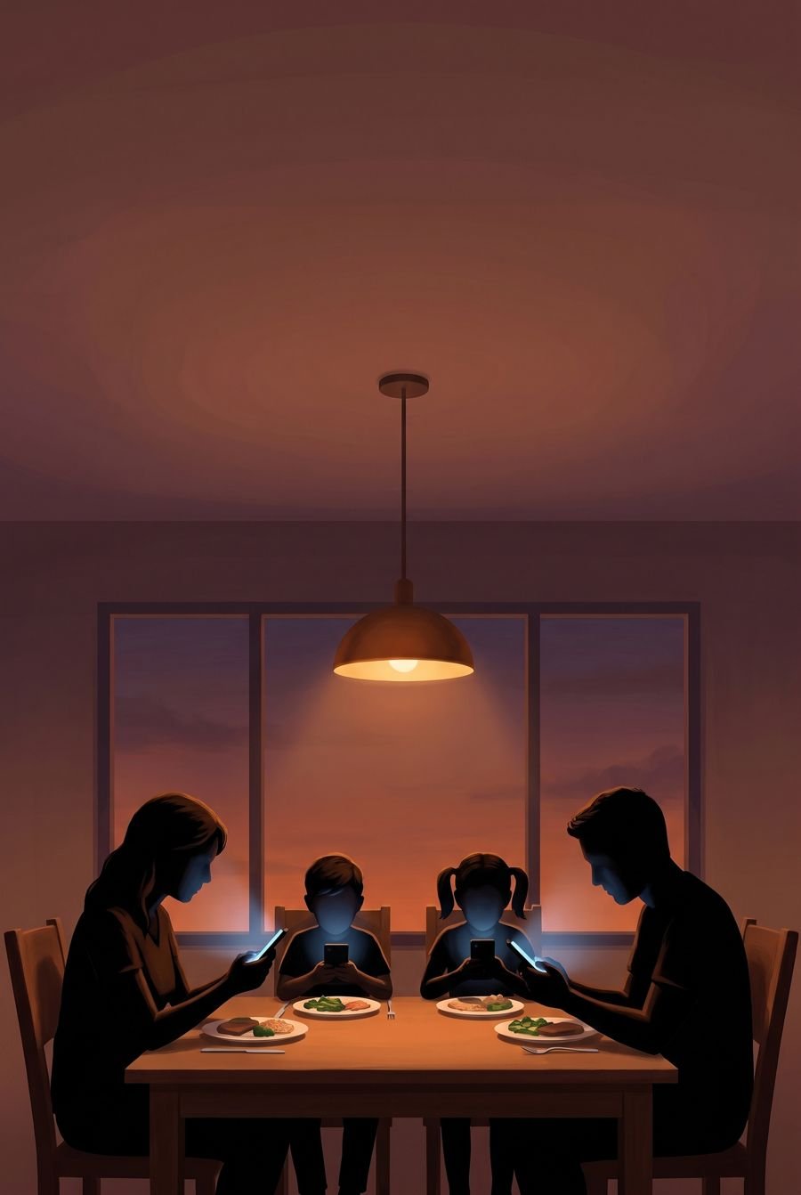 Un dîner de famille sous une lampe, chacun éclairé par son téléphone.